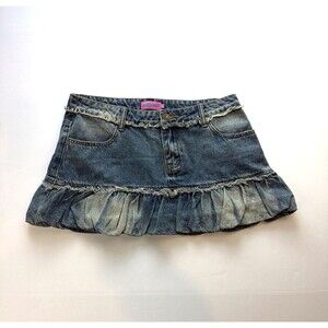 Edikted Denim Micro Mini Skirt Blue Ruffle Pleated Y2K Low Rise Raw Hem
